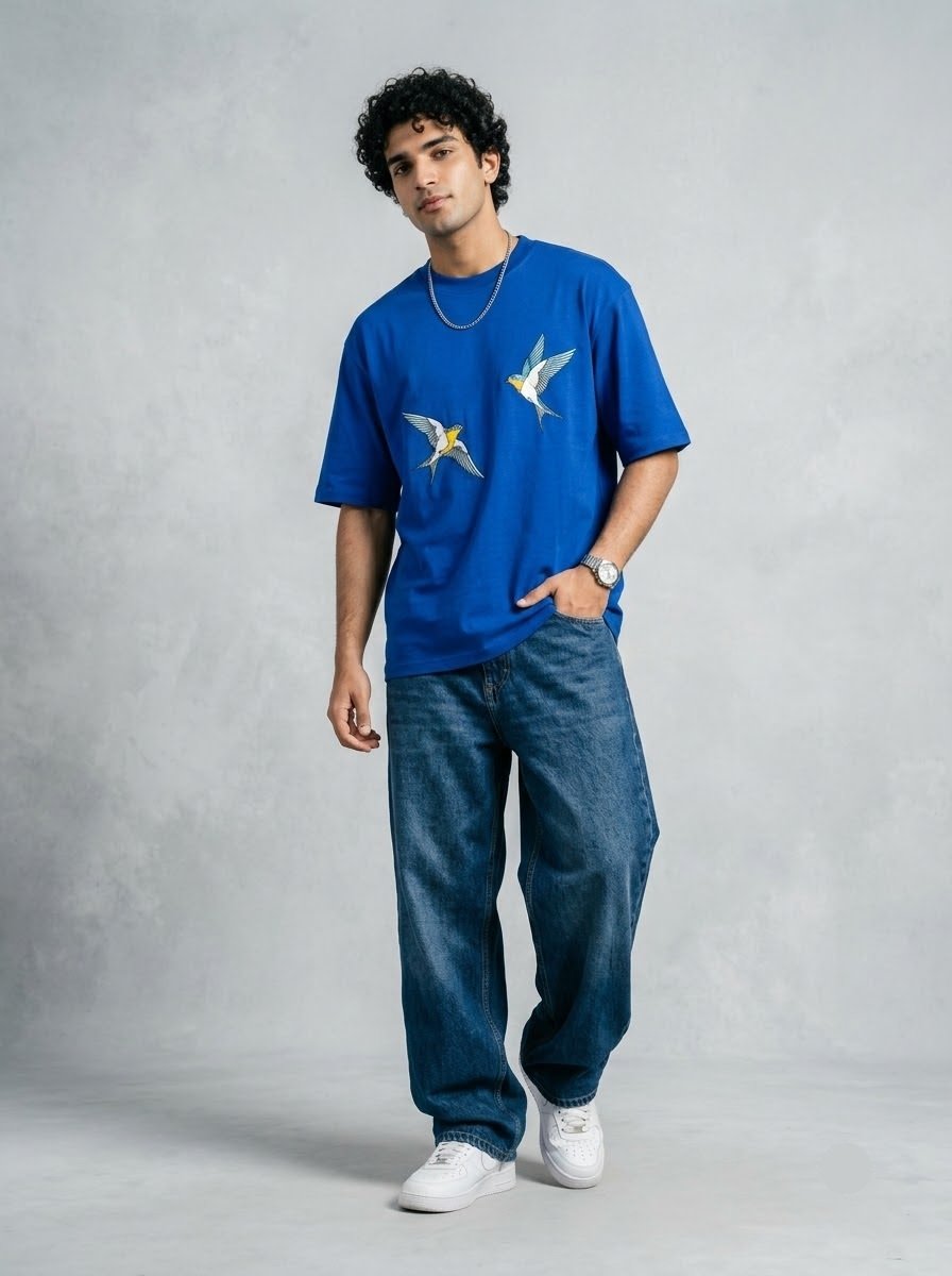 Royal Blue Swallow Embroidery T-Shirt