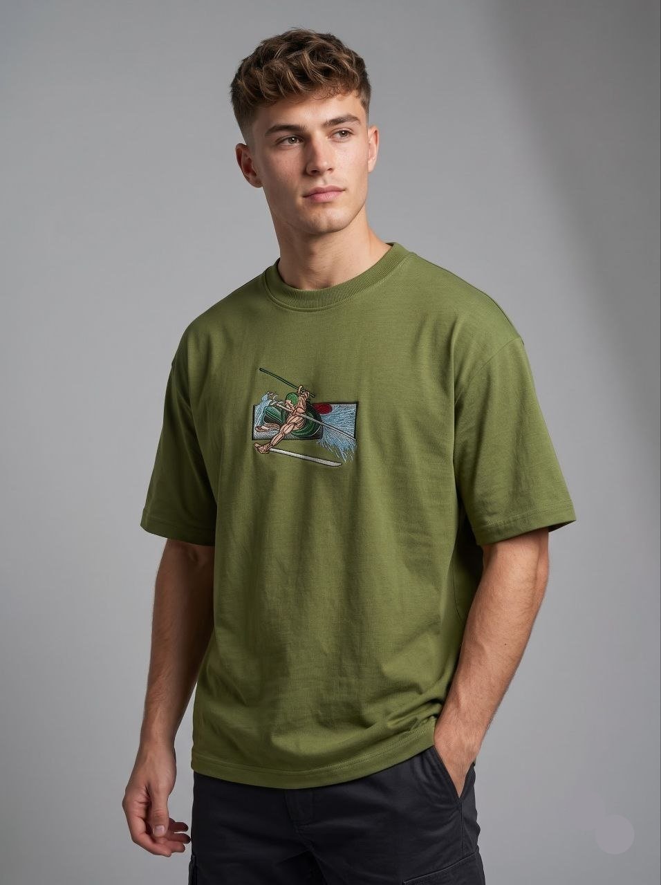 Samurai / Zoro Embroidered Oversized Tee in Olive Green