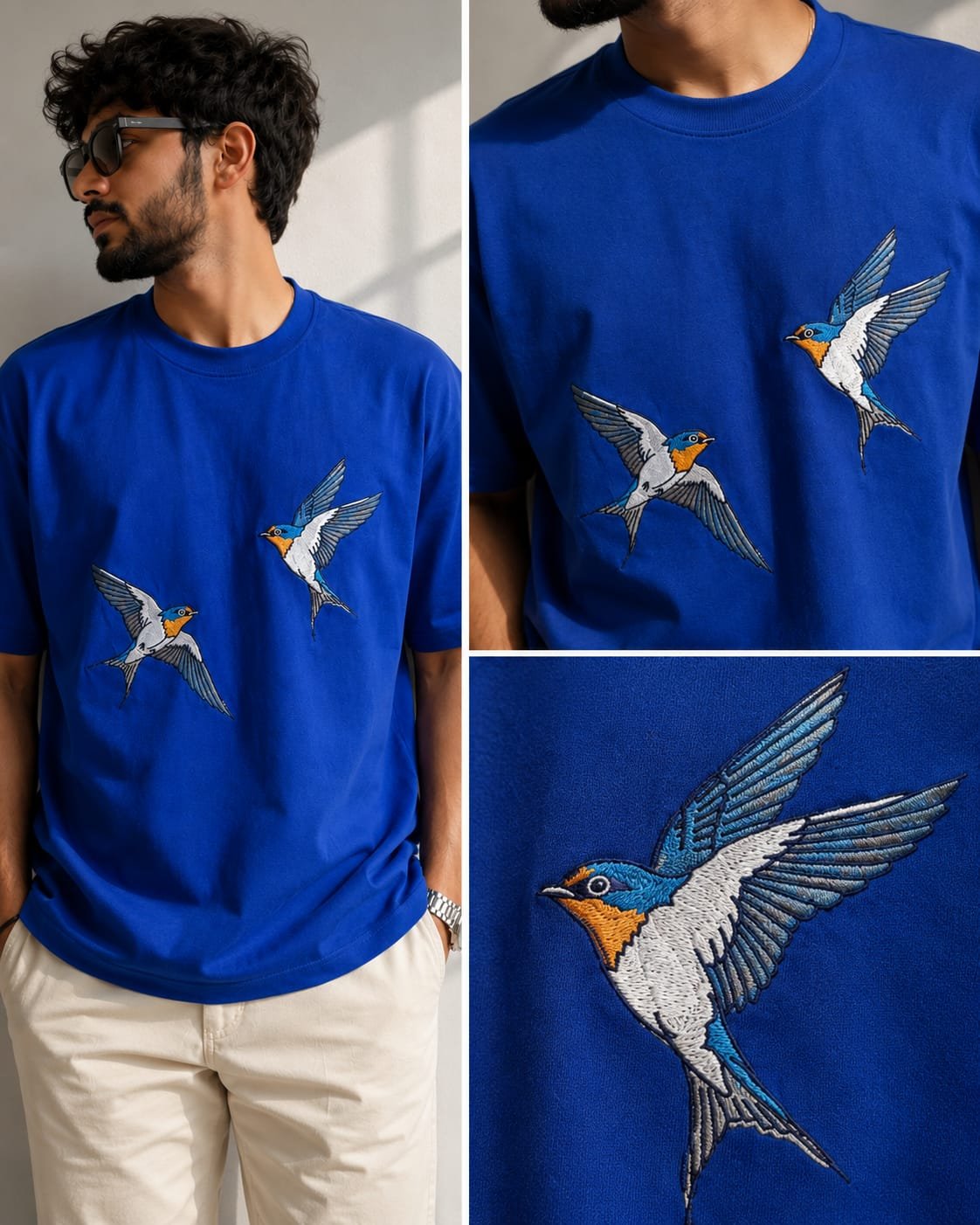 Royal Blue Swallow Embroidery T-Shirt
