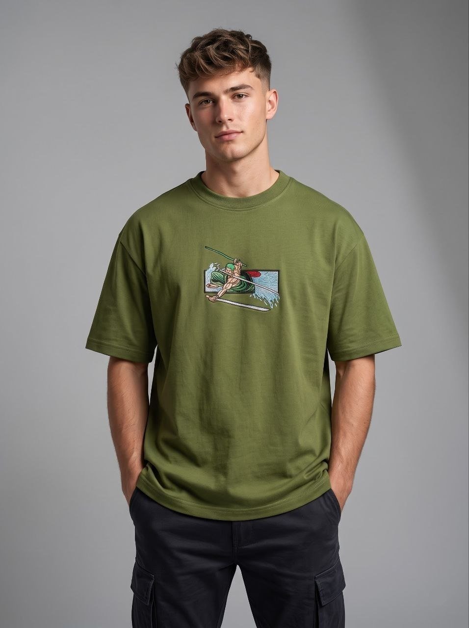 Samurai / Zoro Embroidered Oversized Tee in Olive Green