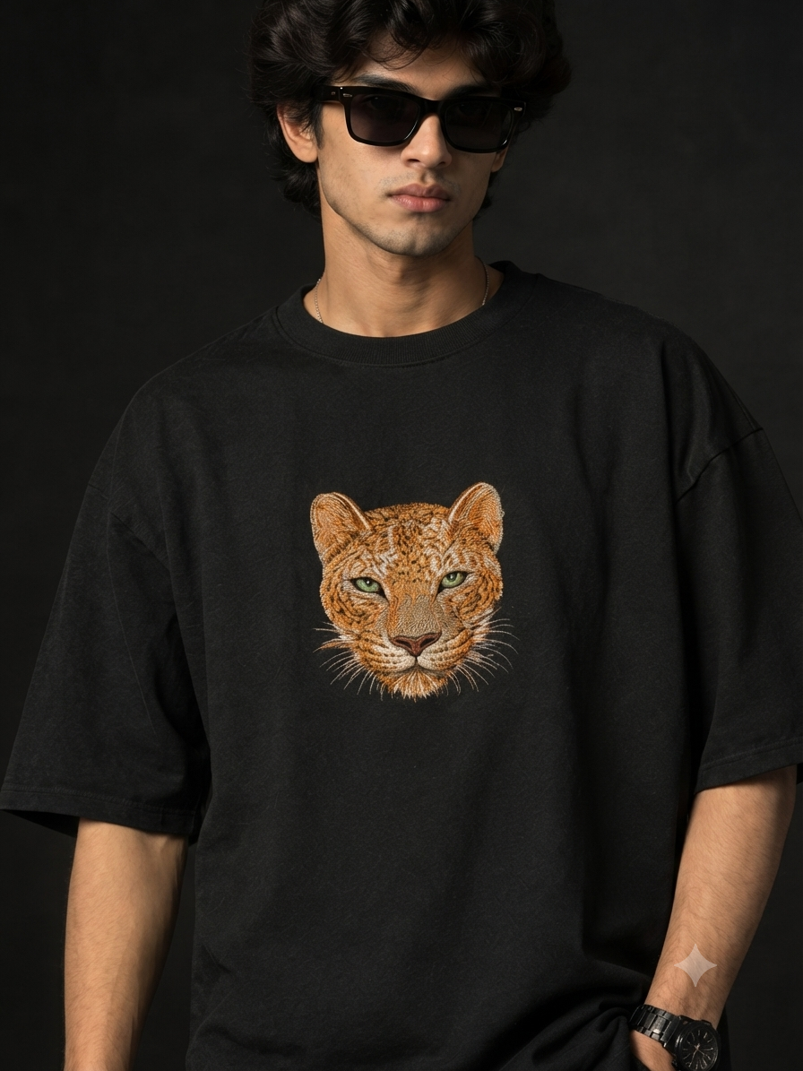 Leopard Face High-Density Embroidered Tee (Black)