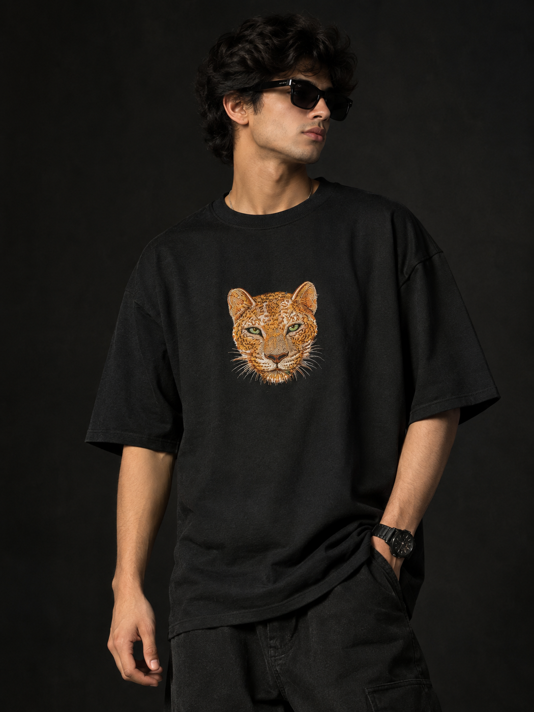 Leopard Face High-Density Embroidered Tee (Black)